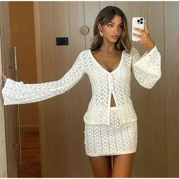 Комплект из ажурной вязанной крючком юбки для женщин с длинными расклешенными рукавами и V-образным вырезом на пуговицах, сексуальный комплект из юбок на бедрах, осенний женский наряд S белый