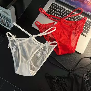 Hollow Out Flower Transparent Briefs Mid Waist Mesh Thin Belt Underpants Lady M