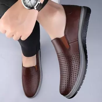 Hollow Out Men Loafers New Breathable Men s Driving Shoes 2024 Genuine Leather Mens Slip on Shoes All-match Flat Designer Flats 38 чёрный