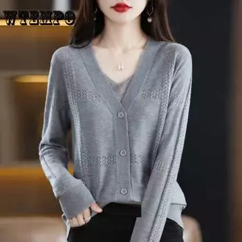 Высокоэластичные женские кардиганы с открытым вырезом и v-образным вырезом, свободный короткий однотонный вязаный кардиган, шерстяной топ для женщин L