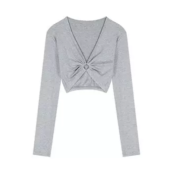 Hollow out V-neck Silm Hot Crop Top Upper Clothes Long Sleeves T-shirt Melange gray One size