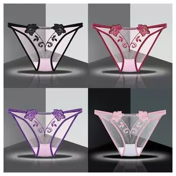 Hollow Out Women s Flower Embroidery Panties Thin Belt Mesh Transparent Underpants Female M