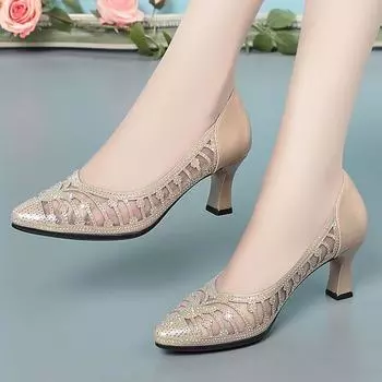 Hollow Out Women s Pointed Summer Sandals with Rhinestones At The Head, Breathable Women s High-heeled Summer Sandals 39EU/CN40 чёрный