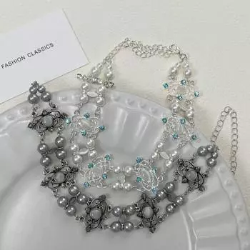 Hollow Pearl Beads Choker Sweet Pearl Metal Necklace Elegant Women Collarbone Chain Daily серый