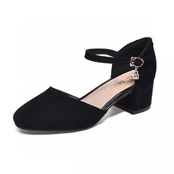Hollow sandals women s summer new black sheepskin one-word strap high heels round head women s fashion shoes 34