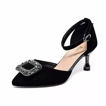 Hollow sandals women s summer new pointed square buckle stiletto women s shoes one-word buckle black elegant high heels 34