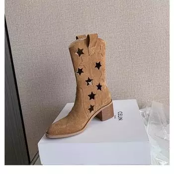 Hollow~ Star Western Cowboy Boots Women s Early Spring Maillard Wind Boots V-mouth Skinny Thick-soled Medium Boots 34