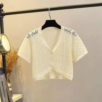 Hollow T-shirt Ice Silk V-neck Skirt with Shoulder Straps Short-Sleeved Sweater Apricot -8066 Xi 2XL