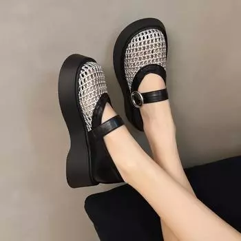 Hollow woven through mesh women s word with single shoes sandals women s shallow mouth Mary Jane shoes hole 35