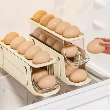 Холодильник, ящик для хранения яиц, автоматический органайзер для яиц с прокруткой, большая емкость, кухонный диспенсер для яиц, стеллаж для хранения яиц на колесиках 1pc серый