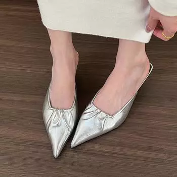 Холодное чувство! Остроносые полутапочки из мягкой кожи, женские летние новые туфли-шпильки на среднем каблуке Muller 35 серебряный