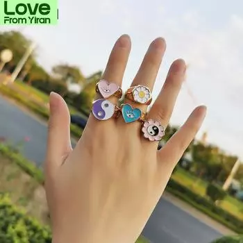Холодные цветочные кольца для женщин, девушек, пар, влюбленных, модные новые красочные цветочные кольца в форме сердца в стиле тайцзи, подарочные ювелирные изделия для путешествий