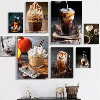 Холодный кофе со сливками, холст, картина, латте, ледяной капучино, постеры, принты для мокко, кофейни, кафе, комнаты, украшение на стену 21x30cm No Frame