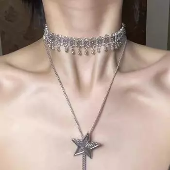 Холодный ветер, High-End Sense, длинное серебряное ожерелье с пентаграммой, Niche Design Sense, кисточка, сложенная на ключицу цепочка