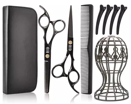 HOLOUN Набор ножниц для стрижки париков, набор ножниц для стрижки волос, ножницы левые и правые, профессиональный держатель для парика для начинающих, в комплекте чёрный