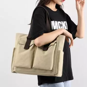 Холщовая большая сумка большой емкости, женская многофункциональная портативная сумка через плечо хаки