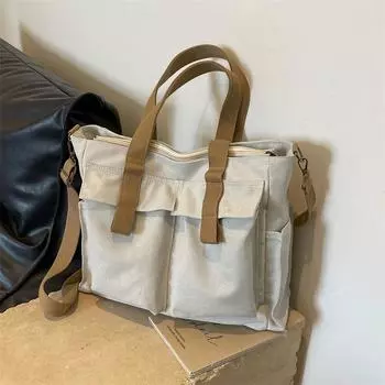 Холщовая большая сумка большой емкости, женская многофункциональная портативная сумка через плечо бежевый