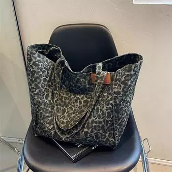 Холщовая большая сумка с леопардовым принтом, женская сумка большой вместимости, новинка 2024 года, модная ручная сумка для путешествий, универсальная сумка для мамы на одно плечо