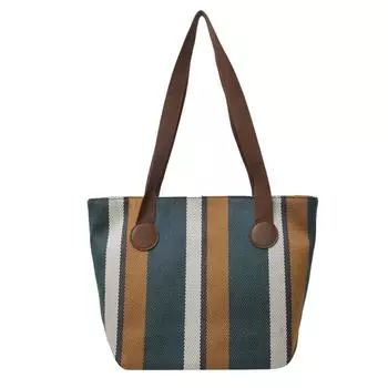 Холщовая большая сумка в контрастную полоску Женская сумка на плечо под мышками синий