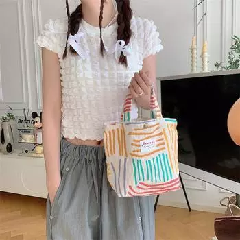 Холщовая косметичка с контрастными полосками, большая вместительная сумка через плечо, сумка для работы и учебы