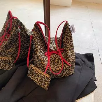 Холщовая леопардовая большая сумка из 2 шт./комплект, сумка через плечо для женщин, модные сумки через плечо и сумки-шнурки 42x22x31cm красный