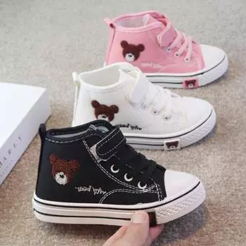 Холщовая обувь для девочек, высокие кроссовки с принтом медведя, дышащие детские спортивные теннисные туфли для бега, детская обувь для девочек 26 белый