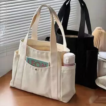 Холщовая однотонная сумка-тоут большой вместимости с буквами, универсальная сумка для работы на пригороде, студенческая женская сумка под мышками, женская сумка для покупок 38 30 13 чёрный