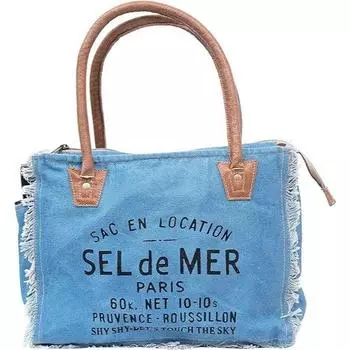 Холщовая ручная сумка Большая сумка из переработанного холста и воловьей кожи Сумка из блестящей переработанной кожи 13 x 10 x 5 in синий