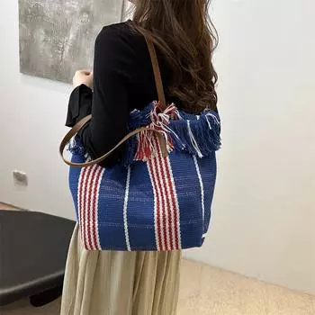 Холщовая сумка 2024 года, большая вместительная сумка-тоут, женская сумка через плечо с вышивкой и бахромой, женская сумка, дорожная сумка в этническом стиле чёрный