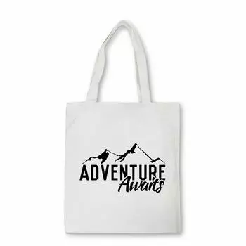 Холщовая сумка Adventure Awaits, женская сумка на плечо из хлопчатобумажной ткани, эко-сумка-тоут, модная многоразовая сумка для покупок с индивидуальным логотипом 24*26cm