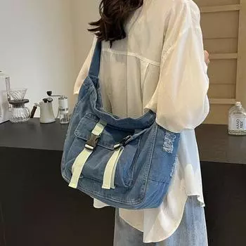 Холщовая сумка большой вместимости, сумка через плечо, сумка-мессенджер, джинсовая сумка для студентов колледжа, джинсовая сумка через плечо темно-синий