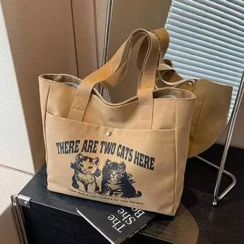Холщовая сумка большой вместимости женская сумка с принтом мультяшных кошек портативная легкая ручная сумка через плечо для покупок сумки для мам 33x31x5cm темные хаки