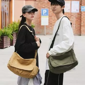 Холщовая сумка через плечо мужская большая вместительная сумка через плечо однотонная студенческая сумка-мессенджер хаки