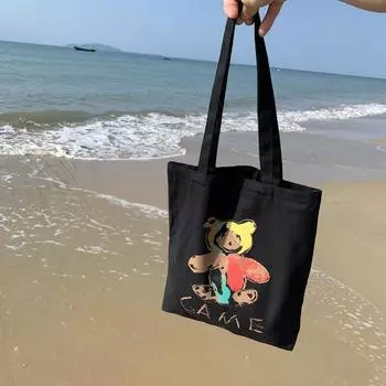 Холщовая сумка для девочек, жилет большой емкости, сумка через плечо с милым медведем, универсальная портативная сумка-тоут