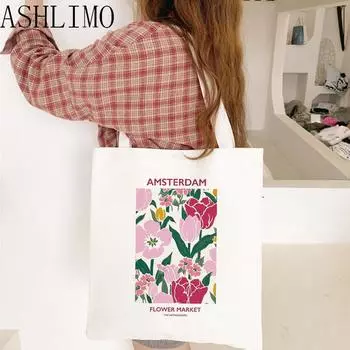 Холщовая сумка для покупок с цветком, женская холщовая тканевая сумка на плечо, эко-сумка, многоразовая сумка для покупок для продуктов, женская студенческая сумка для книг 24*26cm