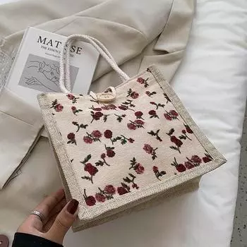 Холщовая сумка для студента, универсальная модная маленькая сумка для японской девушки, сумка из мешковины для переноски розы красного