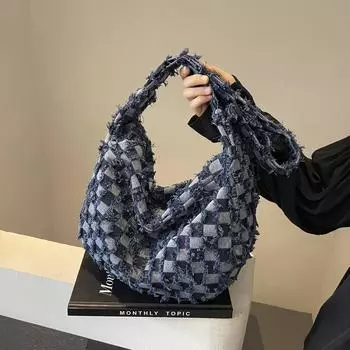 Холщовая сумка для женщин, большая вместимость, новый повседневный нишевый дизайн, сумка через плечо в клетку