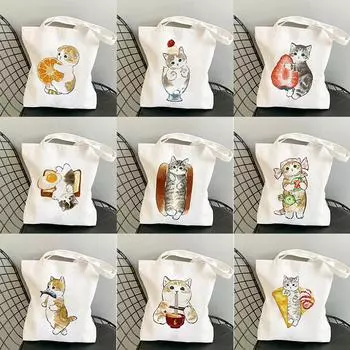Холщовая сумка Harajuku Kawaii Cat с героями мультфильмов, сумка-шопер, большая вместительная сумка через плечо с буквенным принтом, сумка для покупок, повседневная модная сумка-тоут 24*26cm