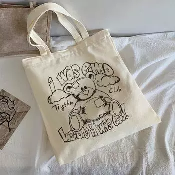 Холщовая сумка Kawaii с медведем и буквенным принтом, большая вместительная винтажная повседневная женская сумка на плечо, женская сумка в стиле панк, сумка-шоппер в стиле Харадзюка в стиле хип-хоп 24*26cm