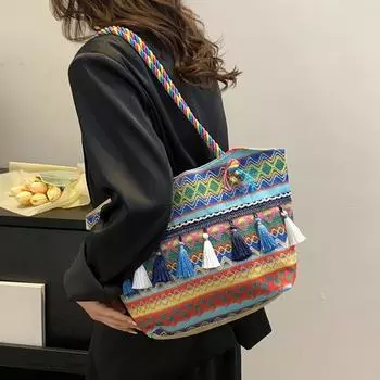 Холщовая сумка, модная и персонализированная сумка через плечо в этническом стиле, большая сумка, новинка лета 2023, модная повседневная пляжная сумка через плечо с кисточками синий