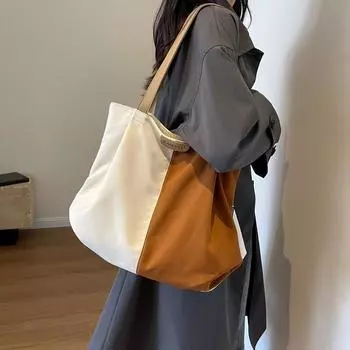 Холщовая сумка на плечо большой емкости, женская пригородная сумка с цветными блоками коричневый/бежевый