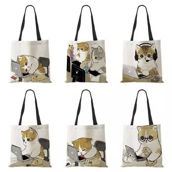 Холщовая сумка на плечо с рисунком кота, женская холщовая сумка с принтом Harajuku, повседневная сумка-тоут для покупок, многоразовая складная сумка большой вместительности