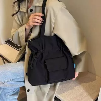 Холщовая сумка на шнурке, женская сумка через плечо большой вместимости, однотонная сумка через плечо бежевый