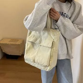 Холщовая сумка, портативная сумка на плечо большой емкости, женская дорожная сумка-тоут бежевый