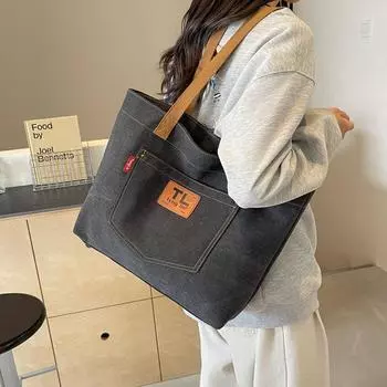 Холщовая сумка с буквенным принтом, женская сумка на плечо, большая вместительная сумка, студенческая сумка для класса чёрный