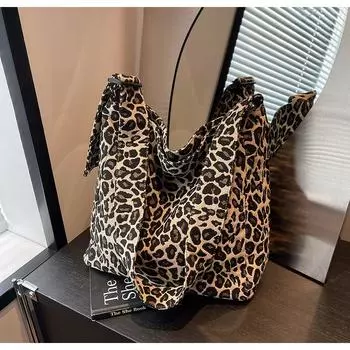 Холщовая сумка с леопардовым принтом, женская, большой емкости, новинка 2024 года, повседневная, универсальная, через плечо, сумка-тоут