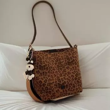 Холщовая сумка с леопардовым принтом, женская, новинка 2024 года, сумка-тоут, повседневная сумка-ведро, сумка-мессенджер через плечо
