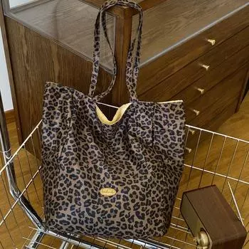 Холщовая сумка с леопардовым принтом, женская, новинка осени 2024 года, модная сумка-тоут в студенческом стиле, повседневная, вместительная, сумка через плечо из ткани темно-коричневого