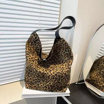 Холщовая сумка с леопардовым принтом, женская, новинка 2025 года, модная сумка-тоут, повседневная, вместительная сумка через плечо чёрный