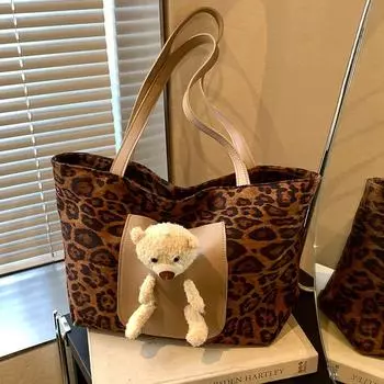 Холщовая сумка с леопардовым принтом, женская, вместительная, универсальная, повседневная, сумка-шоппер через плечо коричневый